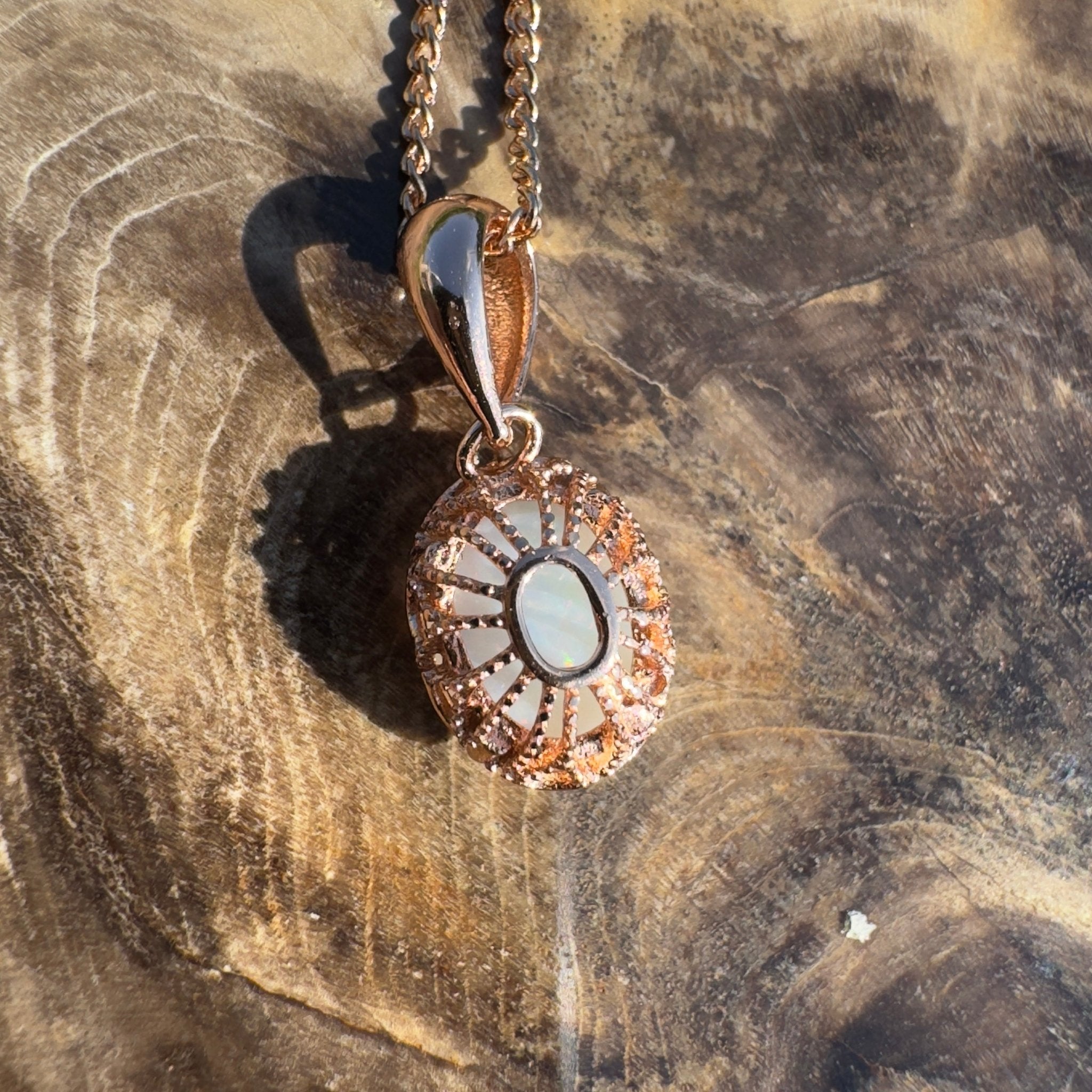 Wilpena Sky - 0.8ct Coober Pedy Opal Rose Gold Coated 925 Silver Pendant