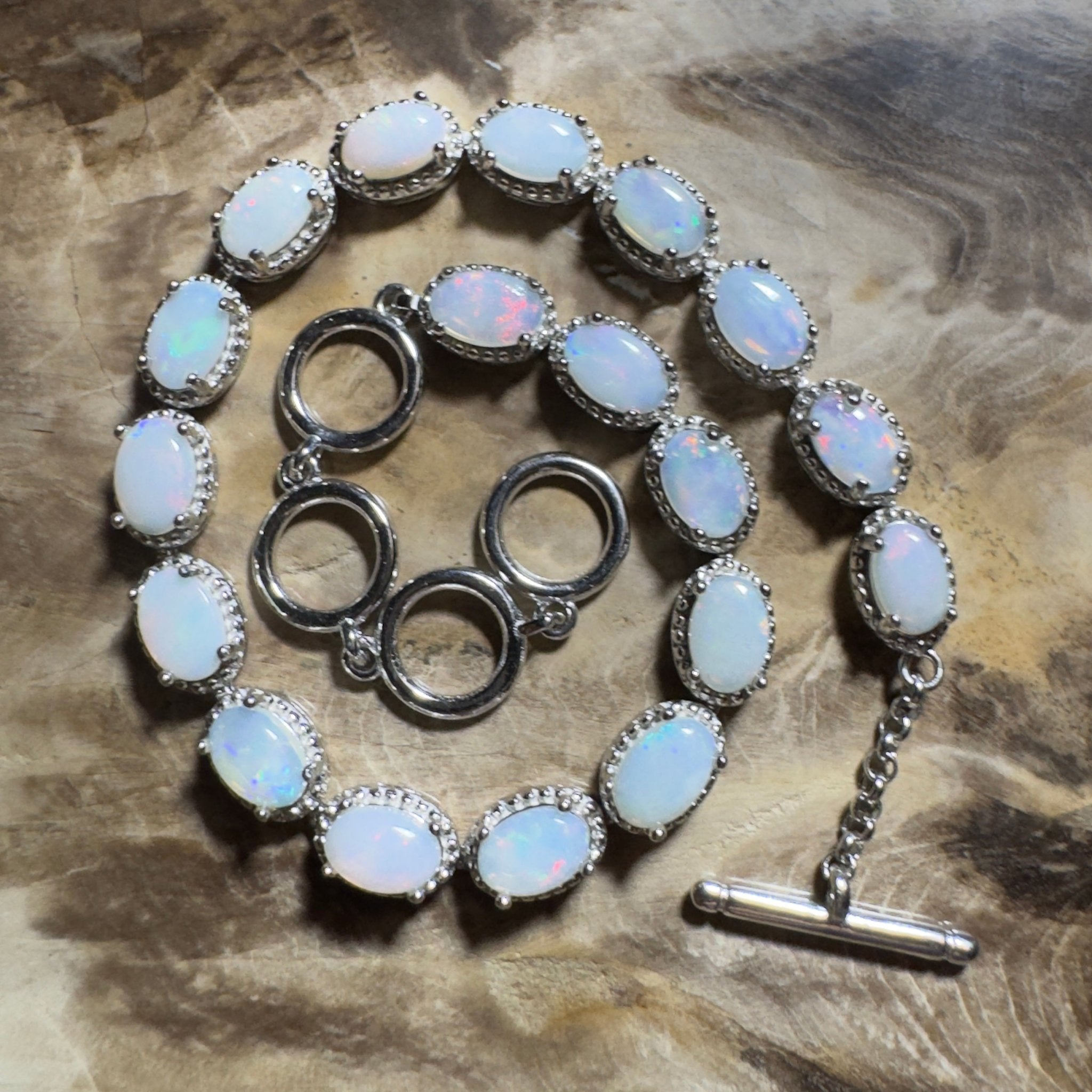 Wineglass Bay Wave ~ 5.4ct Coober Pedy Opal and Cubic Zirconia 925 Sterling Silver Bracelet