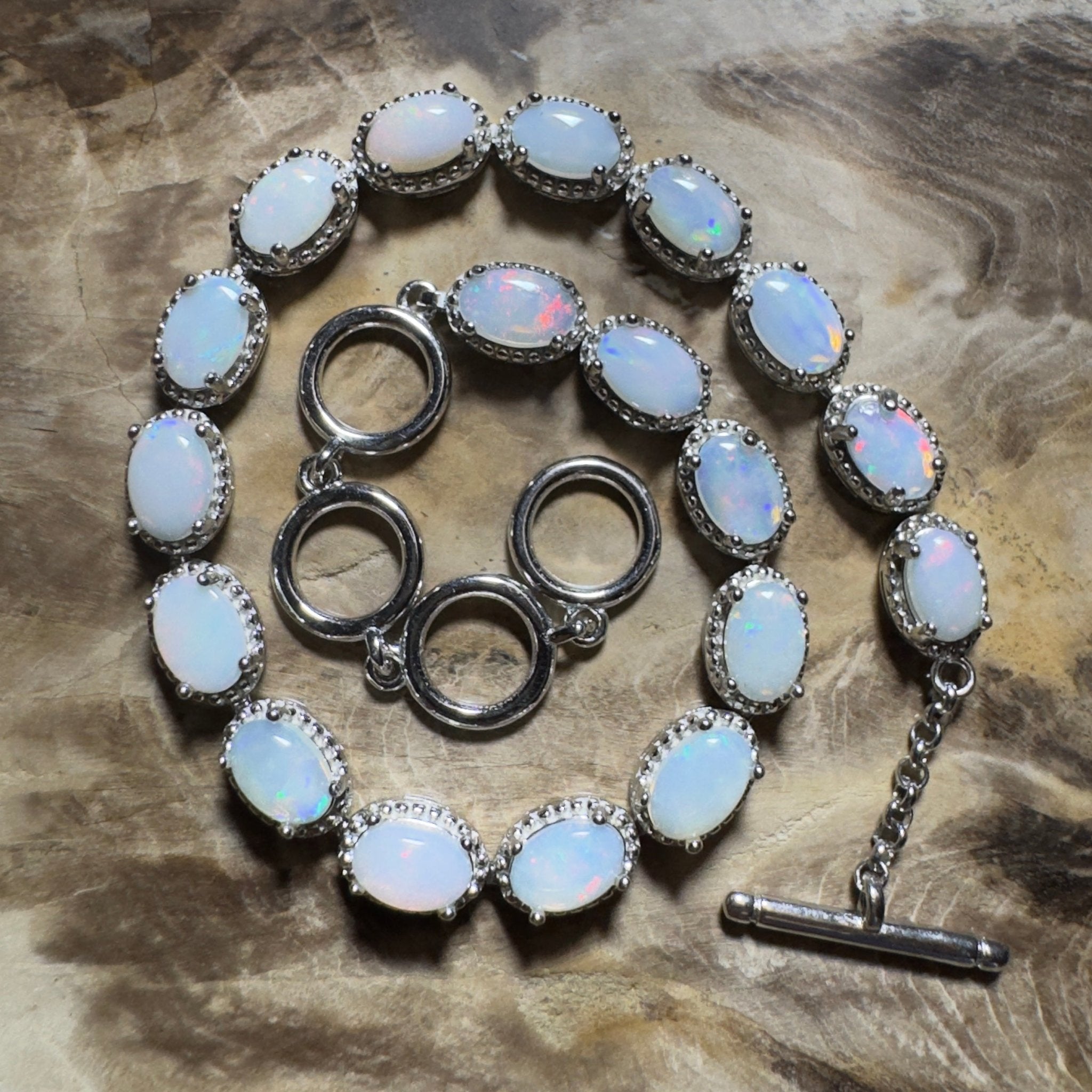 Wineglass Bay Wave ~ 5.4ct Coober Pedy Opal and Cubic Zirconia 925 Sterling Silver Bracelet