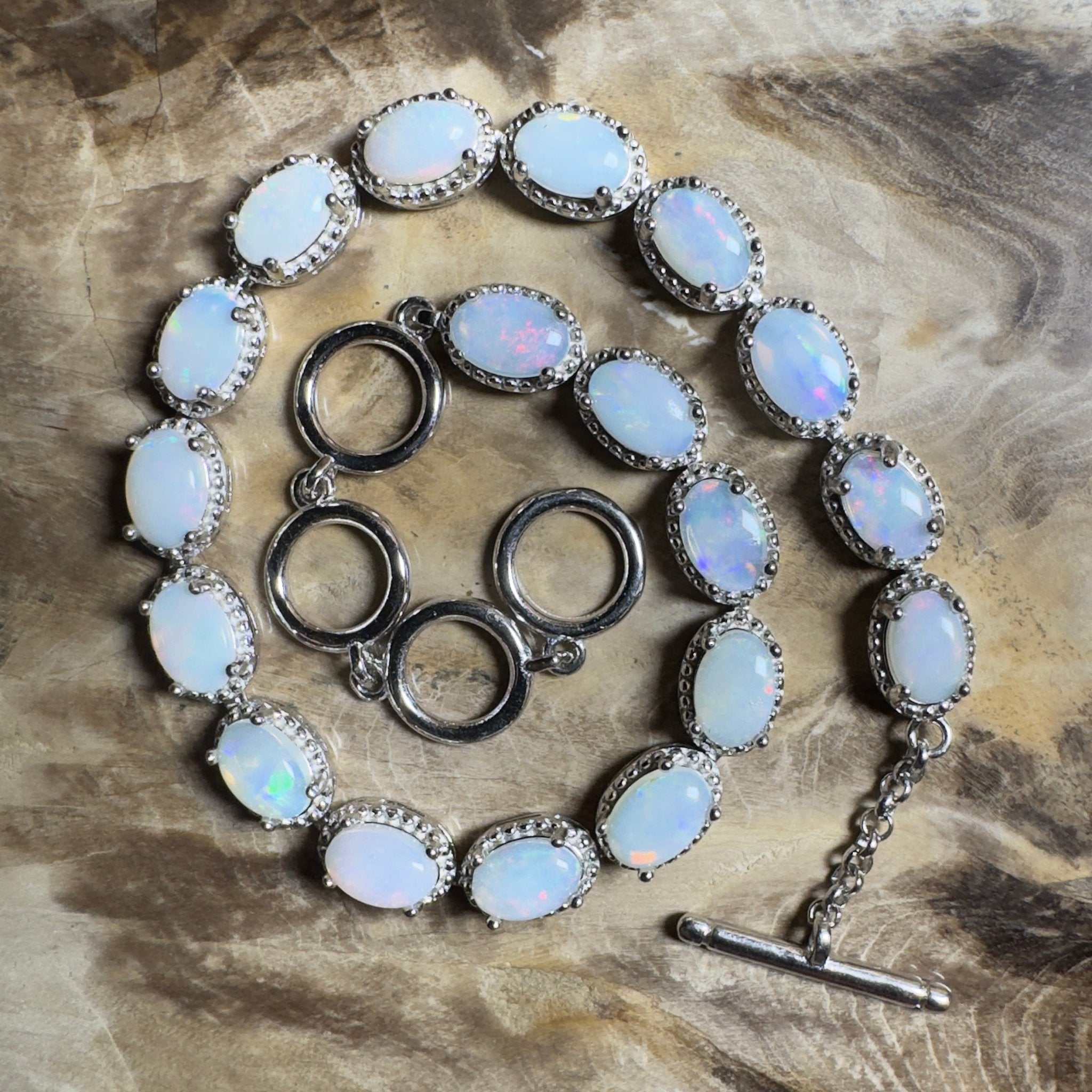 Wineglass Bay Wave ~ 5.4ct Coober Pedy Opal and Cubic Zirconia 925 Sterling Silver Bracelet