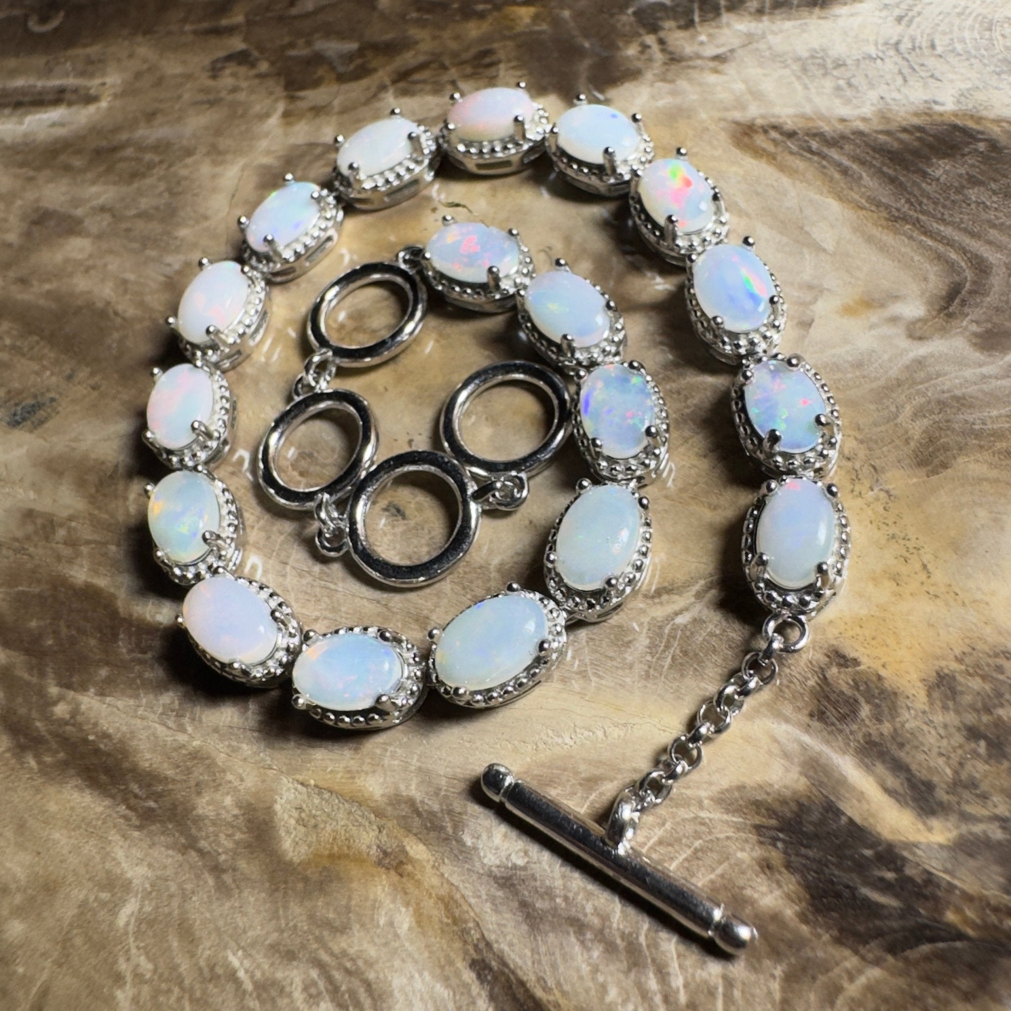 Wineglass Bay Wave ~ 5.4ct Coober Pedy Opal and Cubic Zirconia 925 Sterling Silver Bracelet