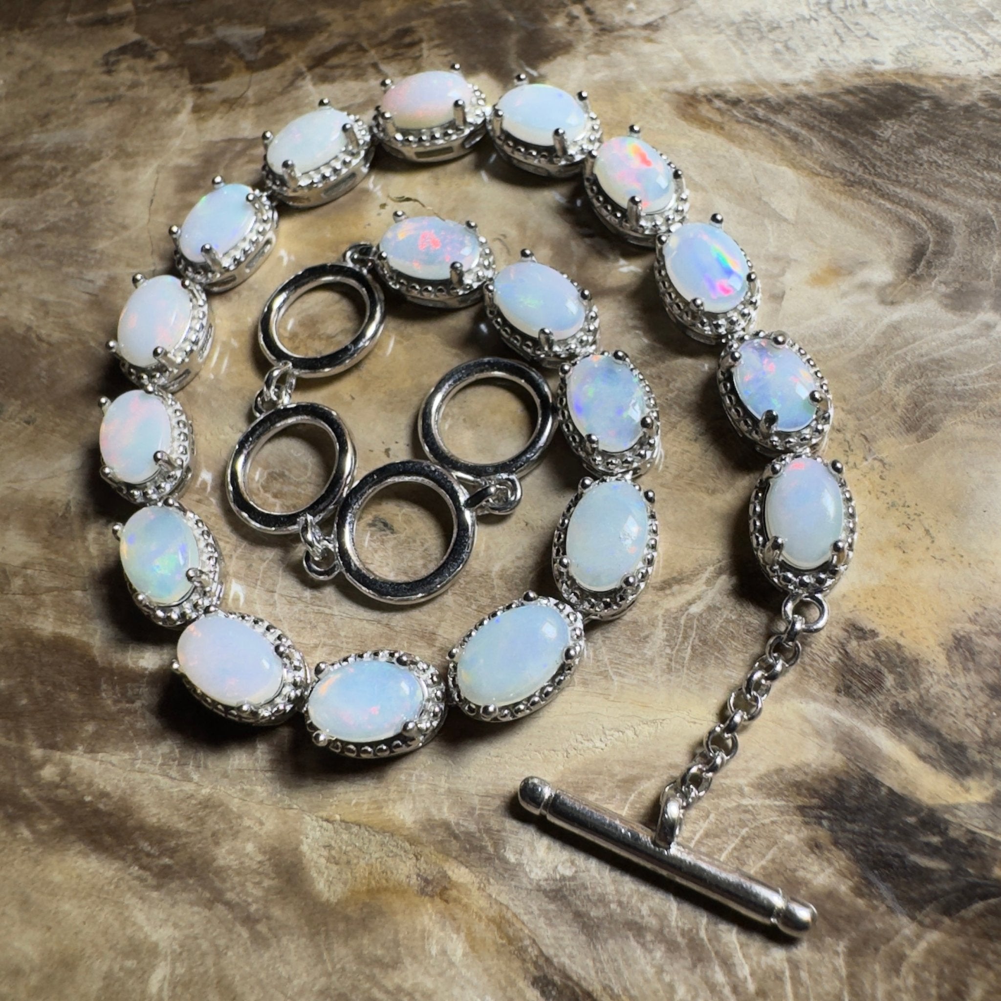 Wineglass Bay Wave ~ 5.4ct Coober Pedy Opal and Cubic Zirconia 925 Sterling Silver Bracelet