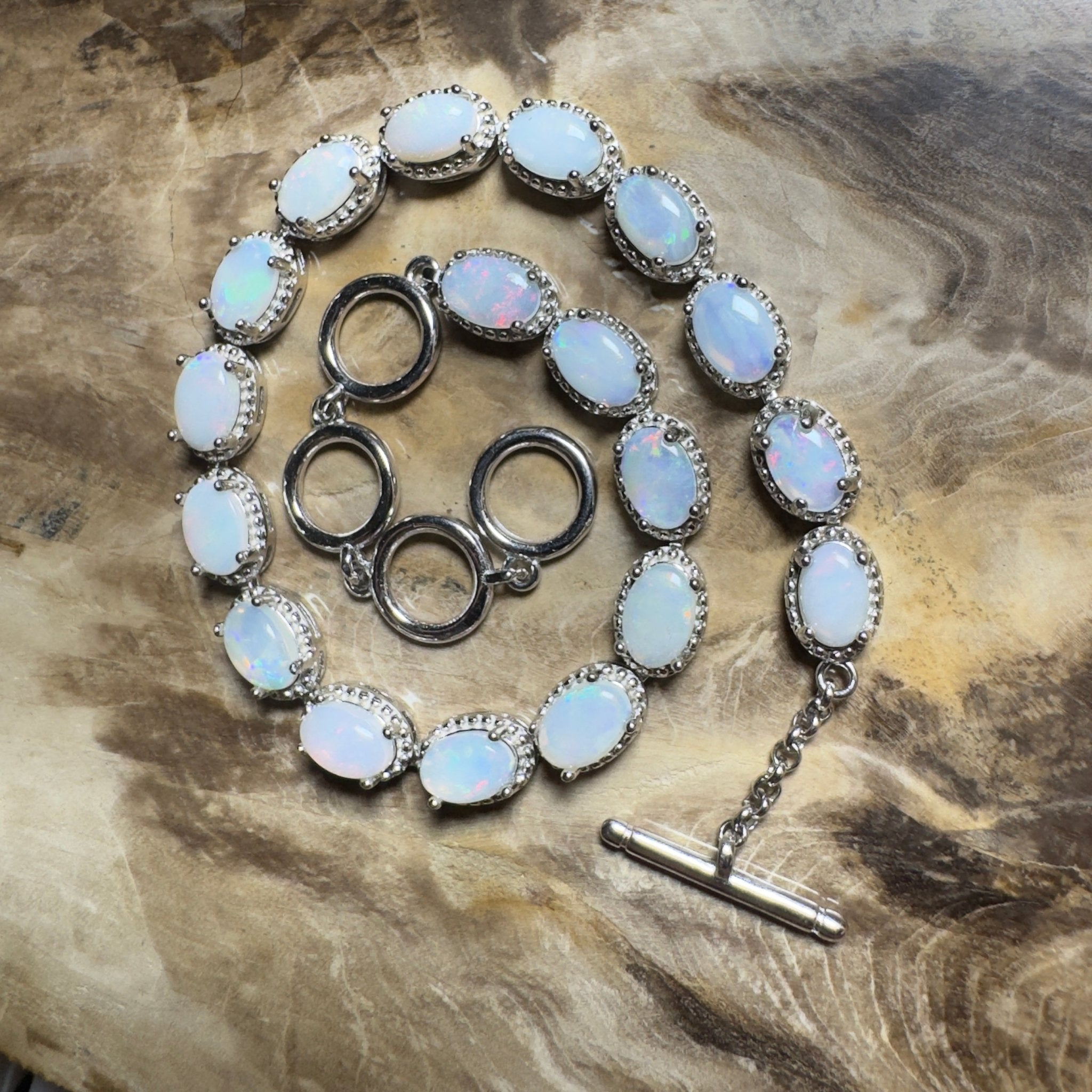 Wineglass Bay Wave ~ 5.4ct Coober Pedy Opal and Cubic Zirconia 925 Sterling Silver Bracelet