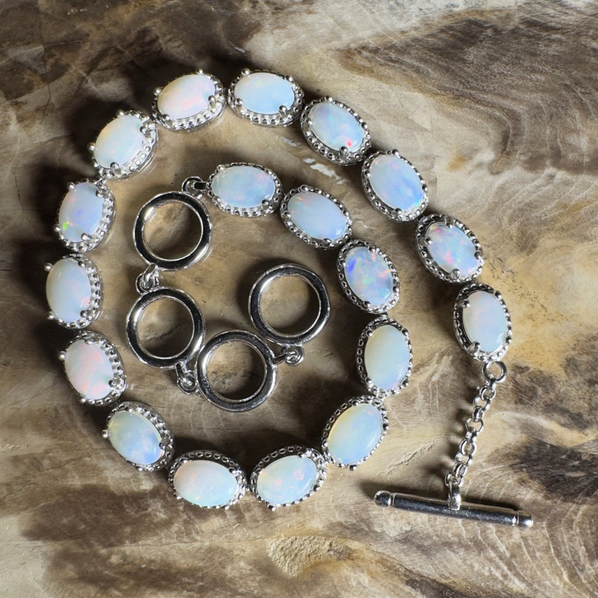 Wineglass Bay Wave ~ 5.4ct Coober Pedy Opal and Cubic Zirconia 925 Sterling Silver Bracelet