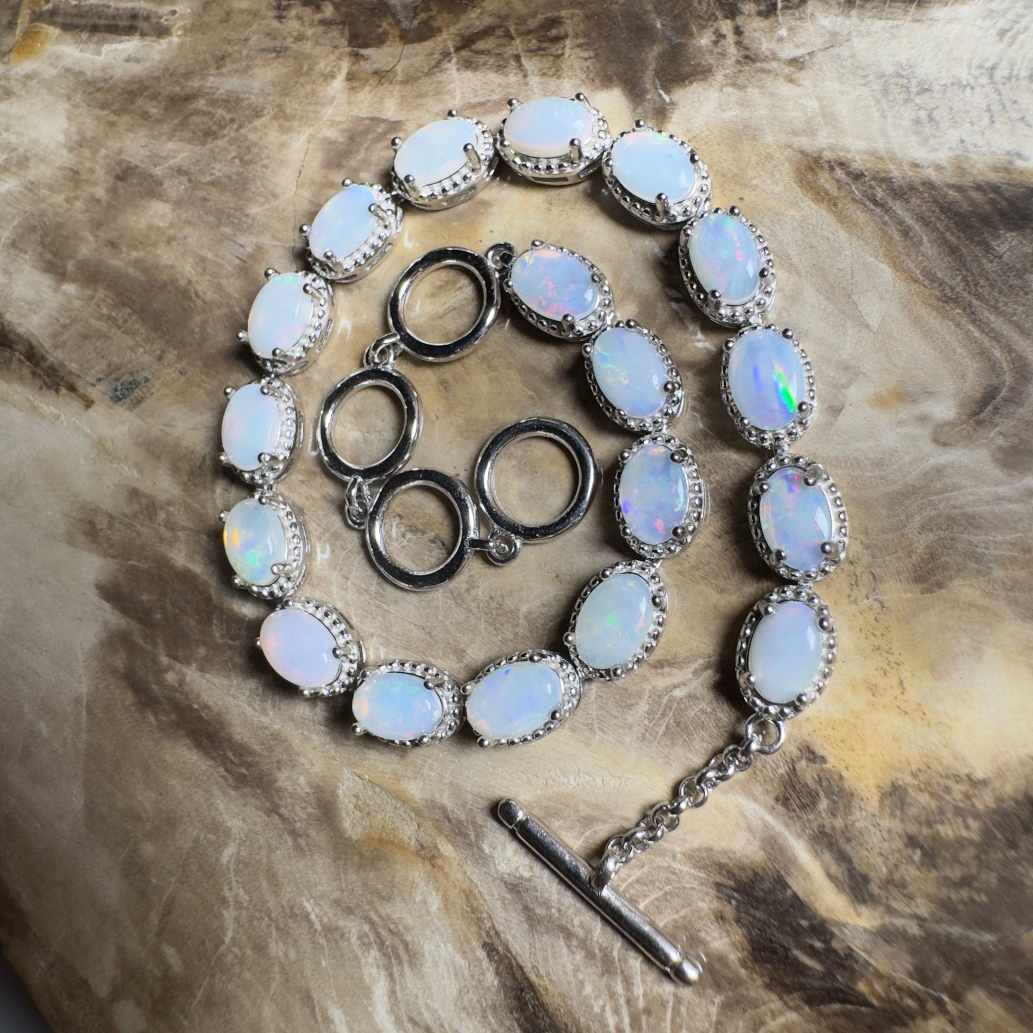 Wineglass Bay Wave ~ 5.4ct Coober Pedy Opal and Cubic Zirconia 925 Sterling Silver Bracelet