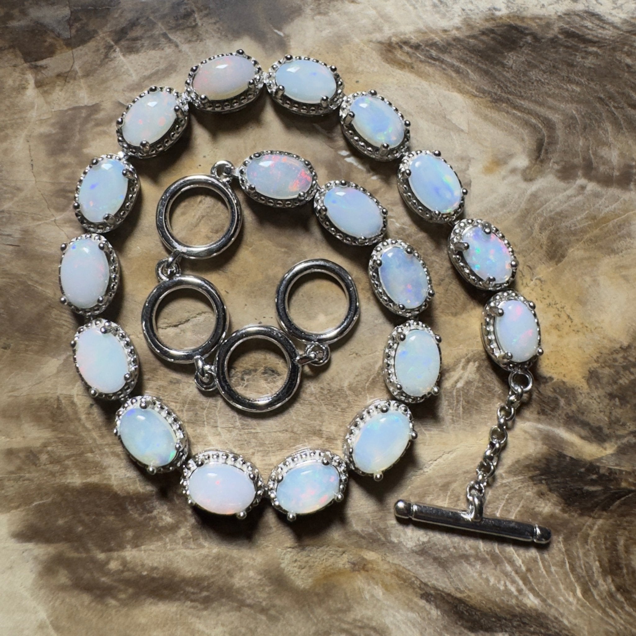 Wineglass Bay Wave ~ 5.4ct Coober Pedy Opal and Cubic Zirconia 925 Sterling Silver Bracelet