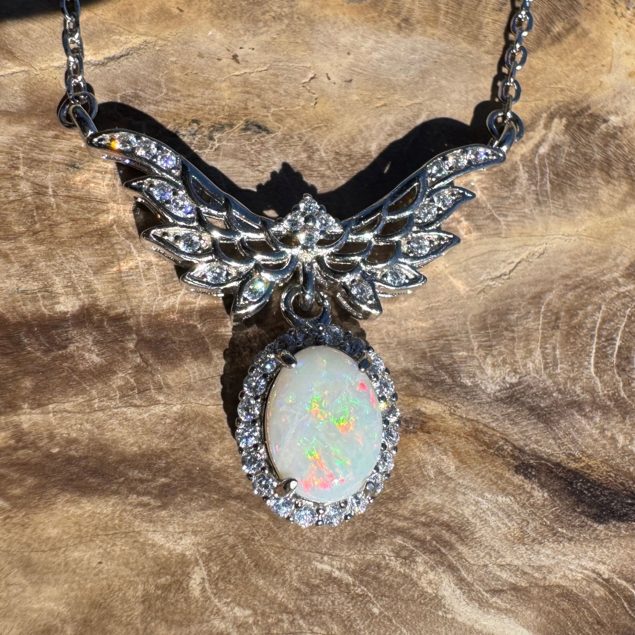 Wings Over Wintinna ~ 1ct Solid Coober Pedy Opal and Cubic Zirconia 925 Sterling Silver Necklace