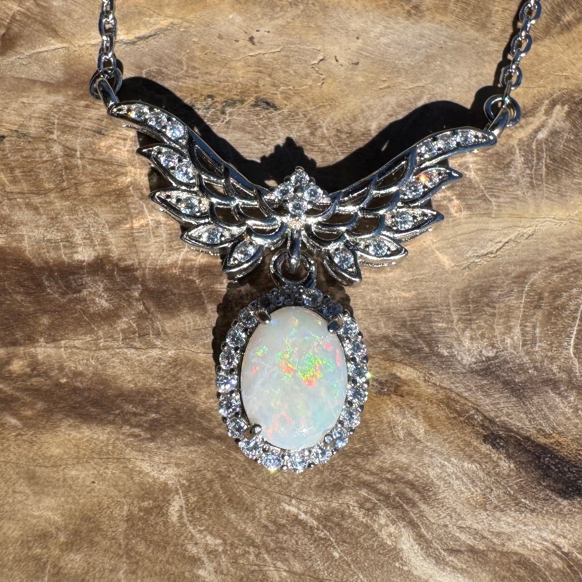 Wings Over Wintinna ~ 1ct Solid Coober Pedy Opal and Cubic Zirconia 925 Sterling Silver Necklace