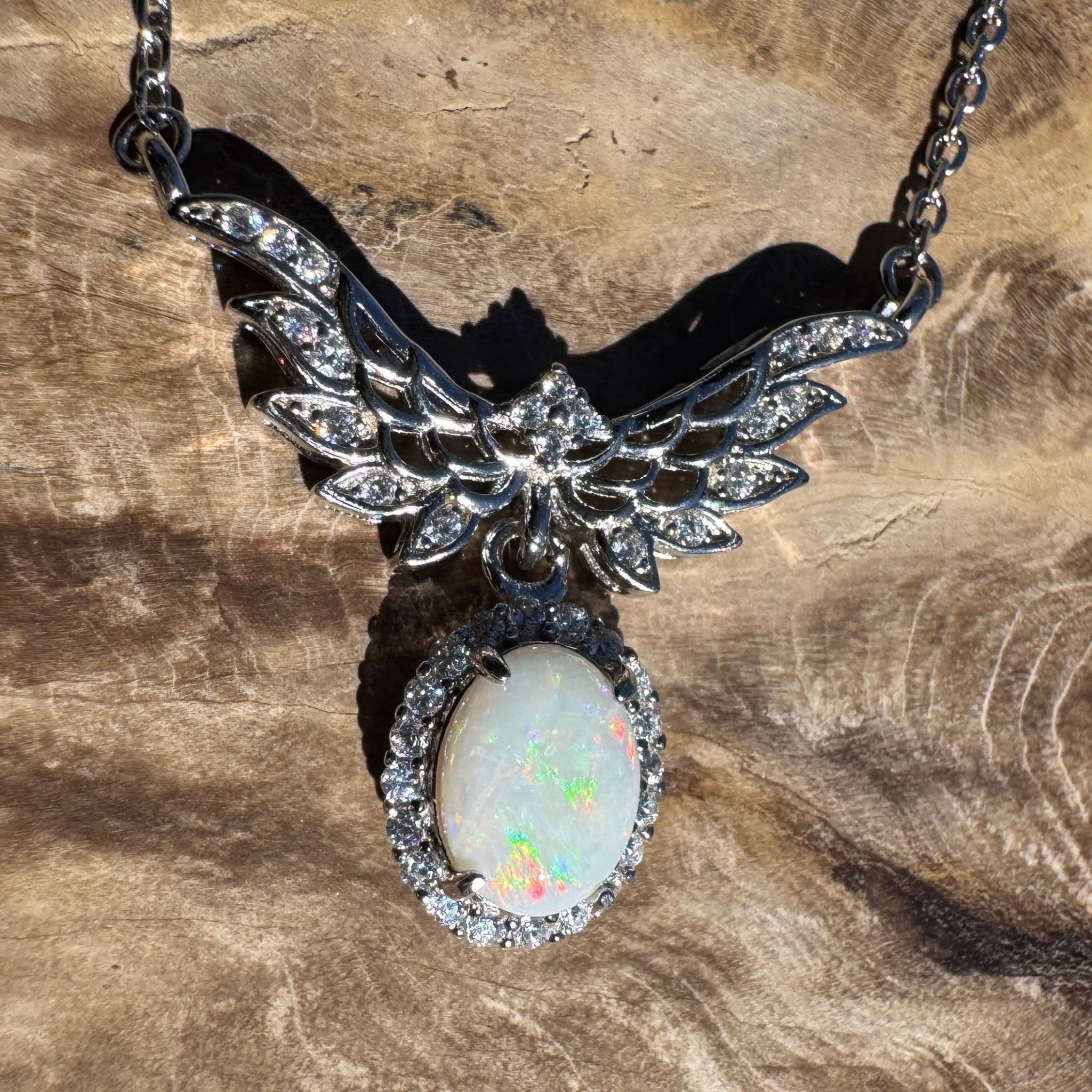 Wings Over Wintinna ~ 1ct Solid Coober Pedy Opal and Cubic Zirconia 925 Sterling Silver Necklace