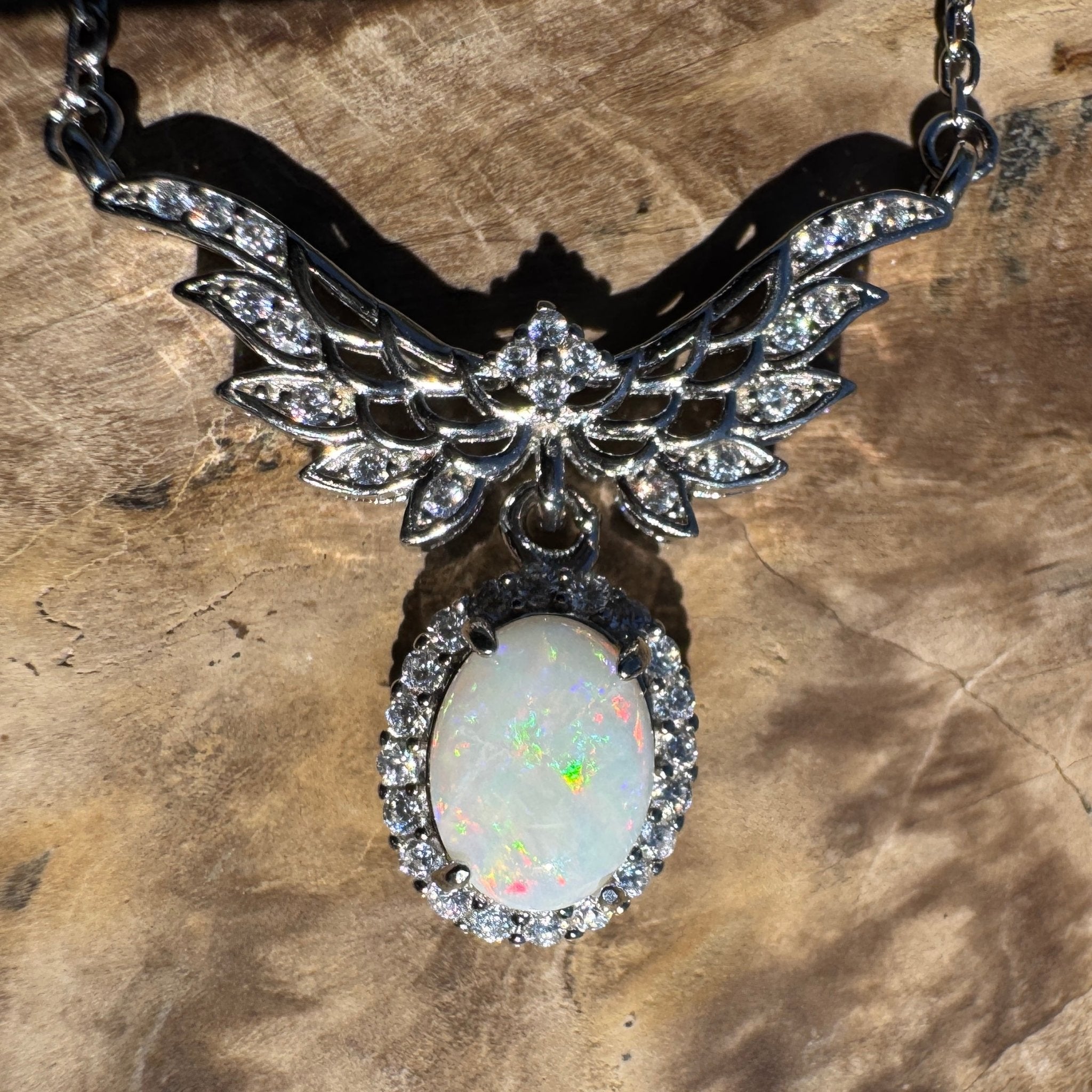 Wings Over Wintinna ~ 1ct Solid Coober Pedy Opal and Cubic Zirconia 925 Sterling Silver Necklace