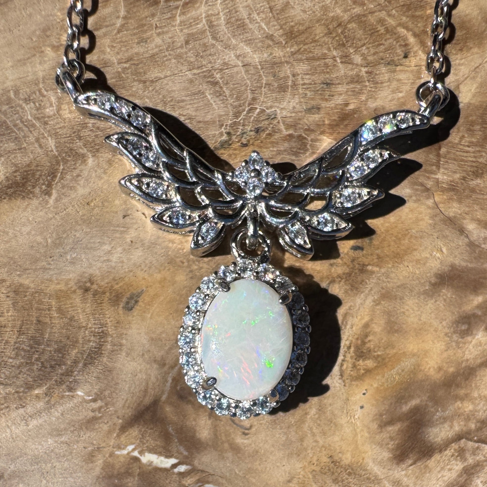 Wings Over Wintinna ~ 1ct Solid Coober Pedy Opal and Cubic Zirconia 925 Sterling Silver Necklace