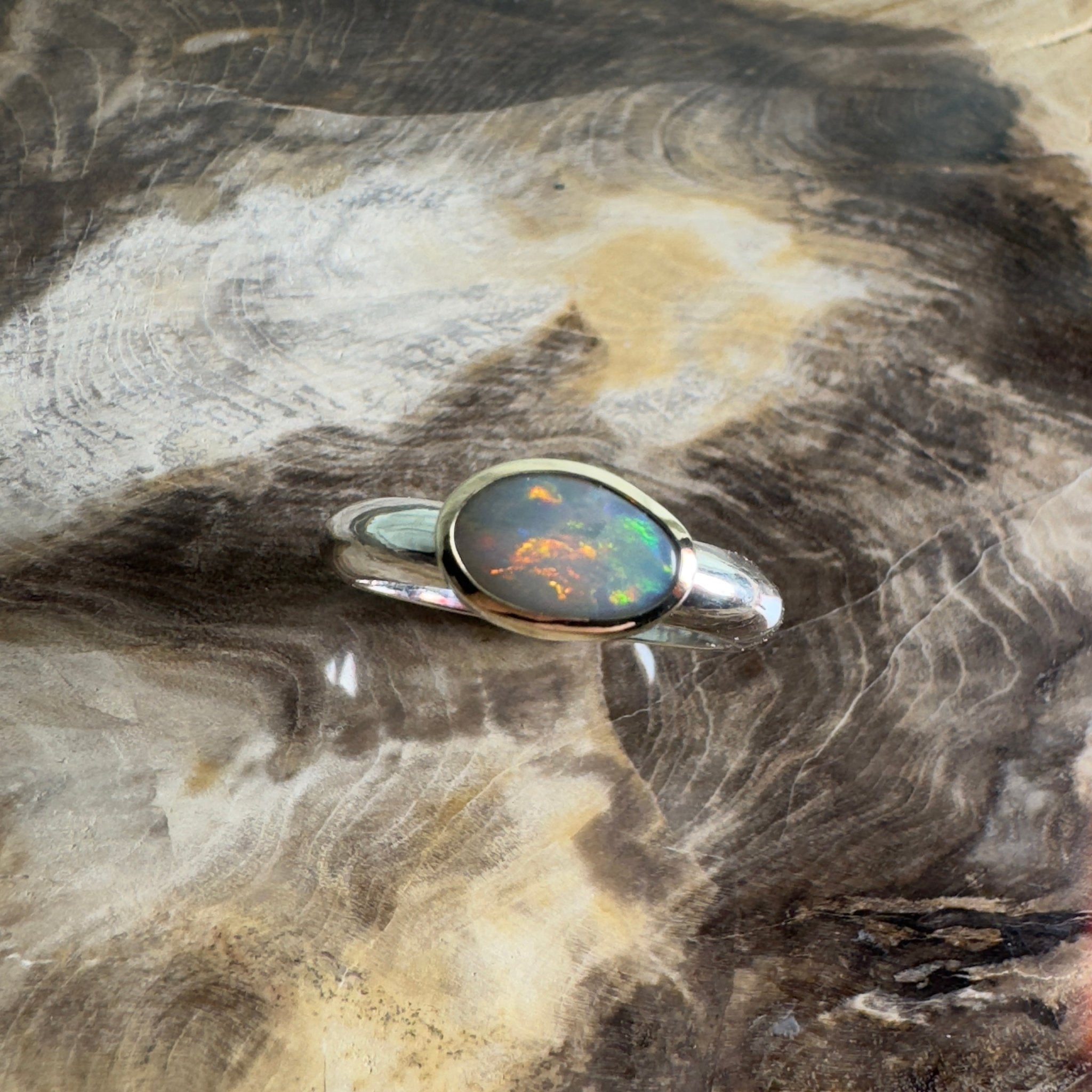 Yalgoo Horizon - 0.7ct Solid Lightning Ridge Opal Two - Tone 9ct Gold & 925 Sterling Silver Ring