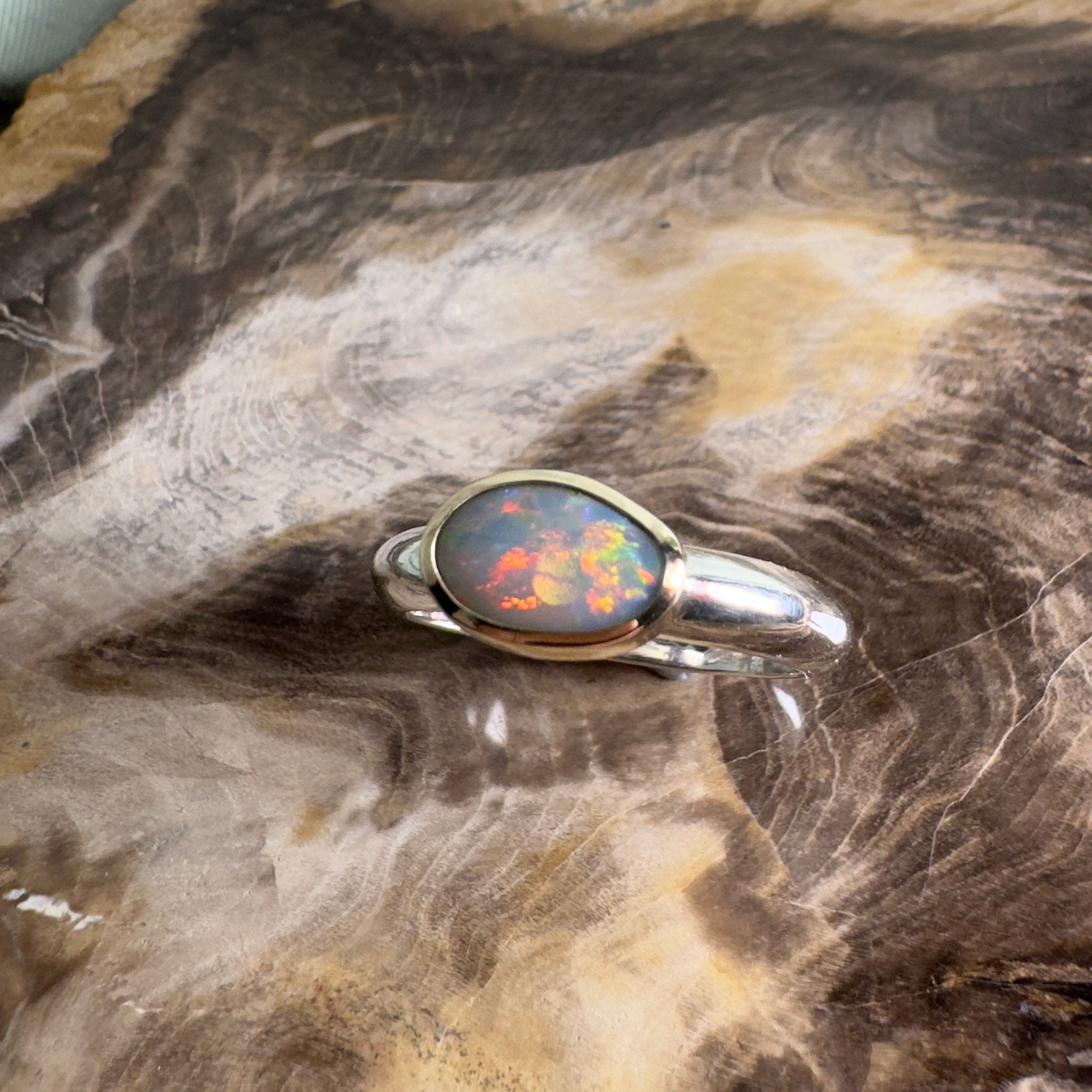 Yalgoo Horizon - 0.7ct Solid Lightning Ridge Opal Two - Tone 9ct Gold & 925 Sterling Silver Ring