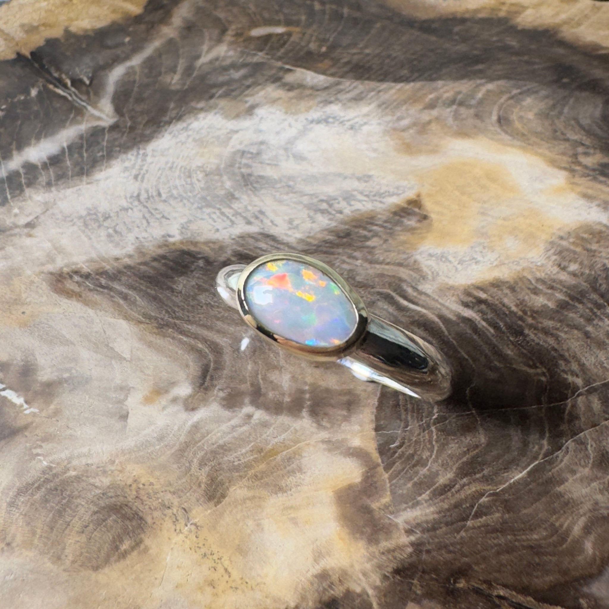 Yalgoo Horizon - 0.7ct Solid Lightning Ridge Opal Two - Tone 9ct Gold & 925 Sterling Silver Ring