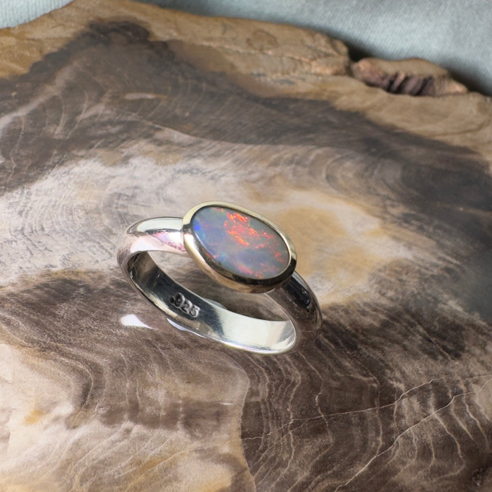 Yalgoo Horizon - 0.7ct Solid Lightning Ridge Opal Two - Tone 9ct Gold & 925 Sterling Silver Ring