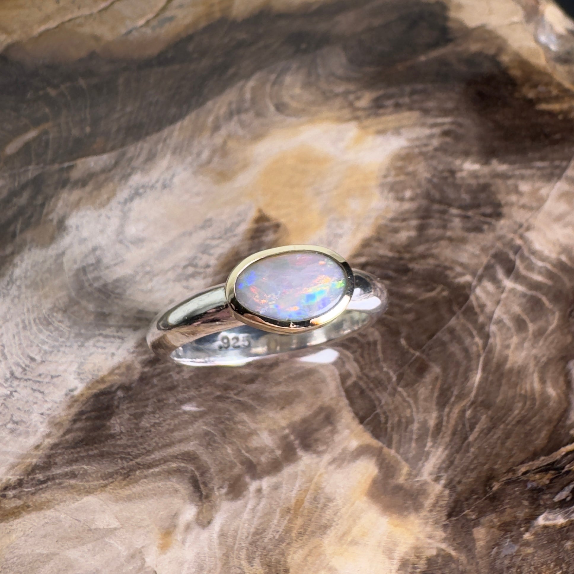 Yalgoo Horizon - 0.7ct Solid Lightning Ridge Opal Two - Tone 9ct Gold & 925 Sterling Silver Ring