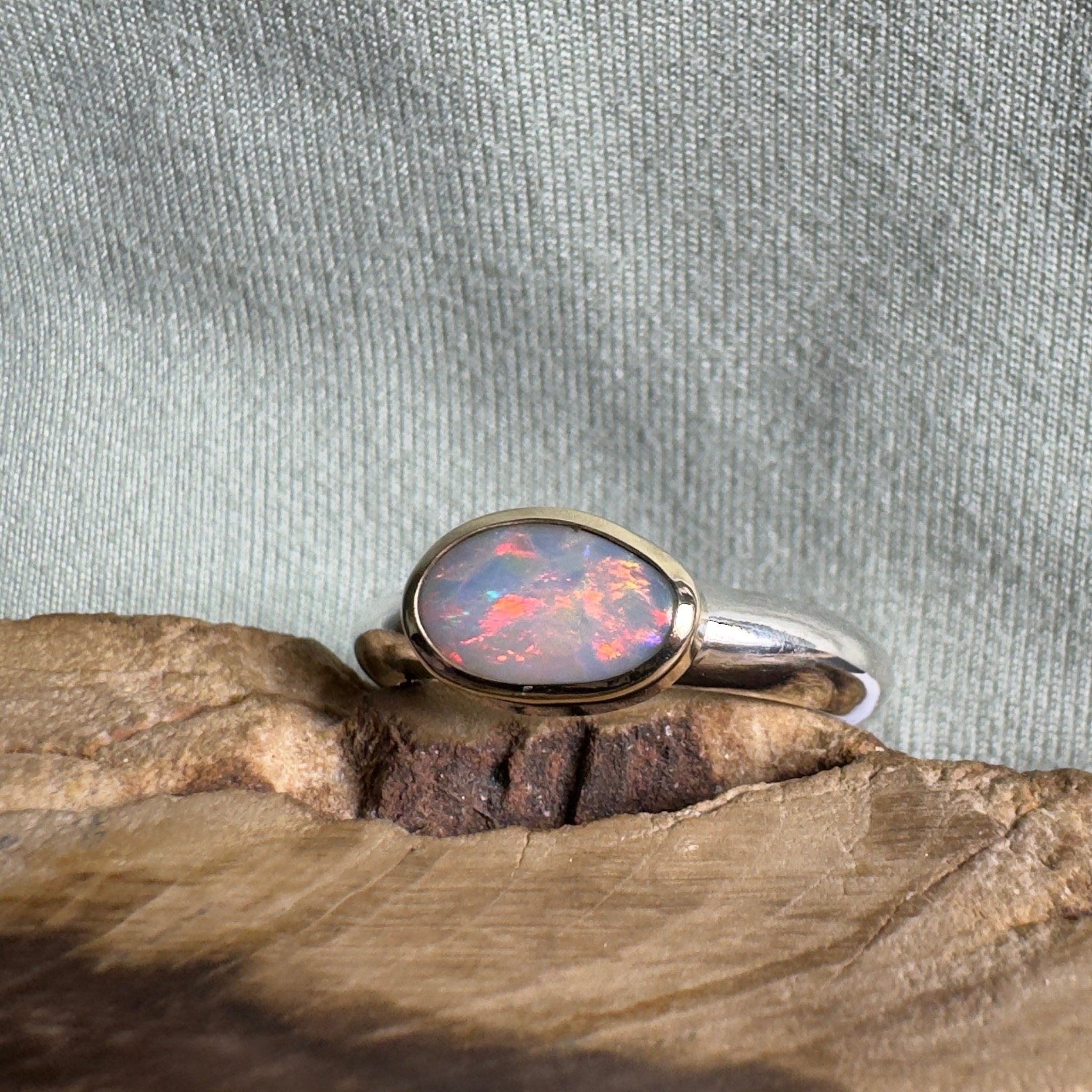 Yalgoo Horizon - 0.7ct Solid Lightning Ridge Opal Two - Tone 9ct Gold & 925 Sterling Silver Ring