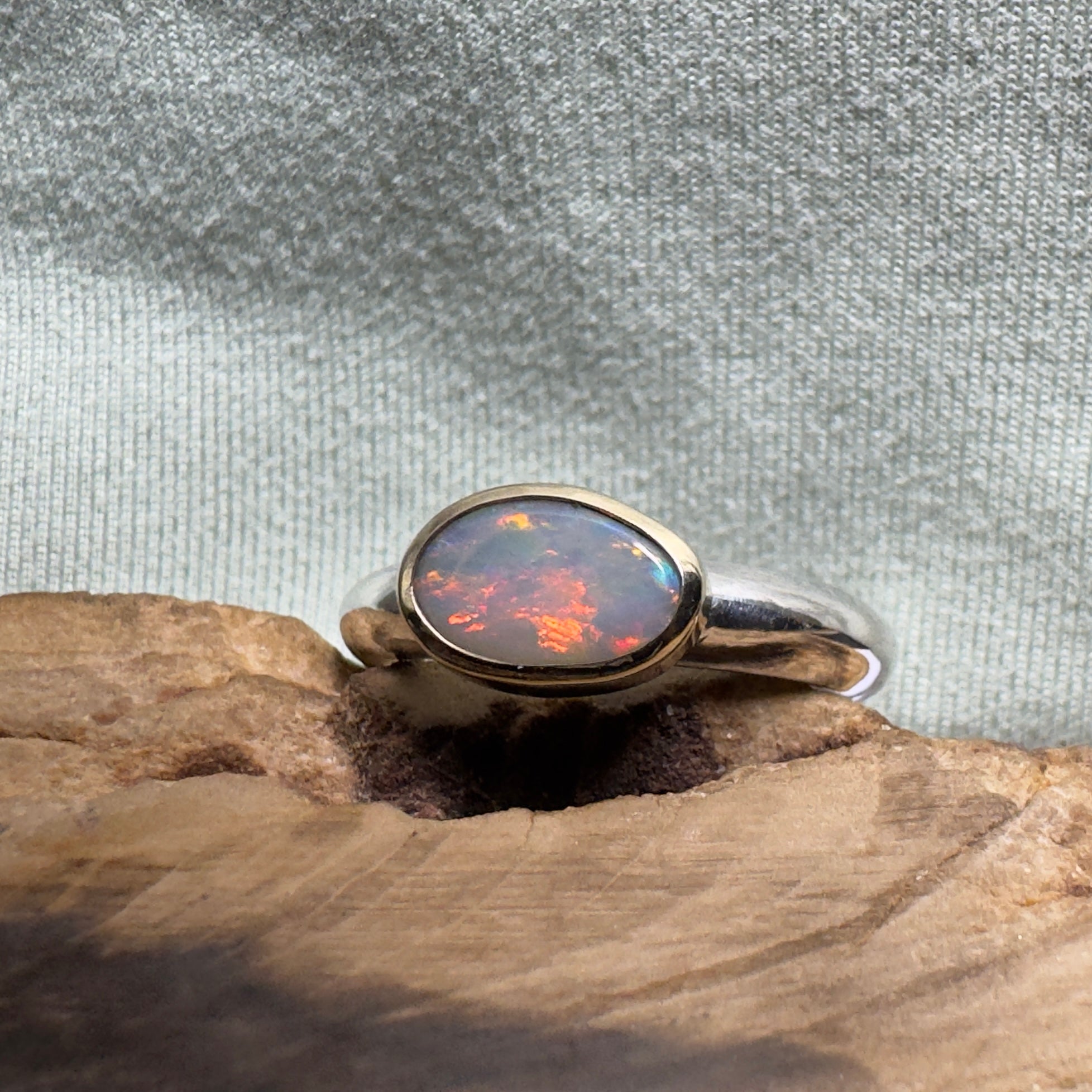 Yalgoo Horizon - 0.7ct Solid Lightning Ridge Opal Two - Tone 9ct Gold & 925 Sterling Silver Ring