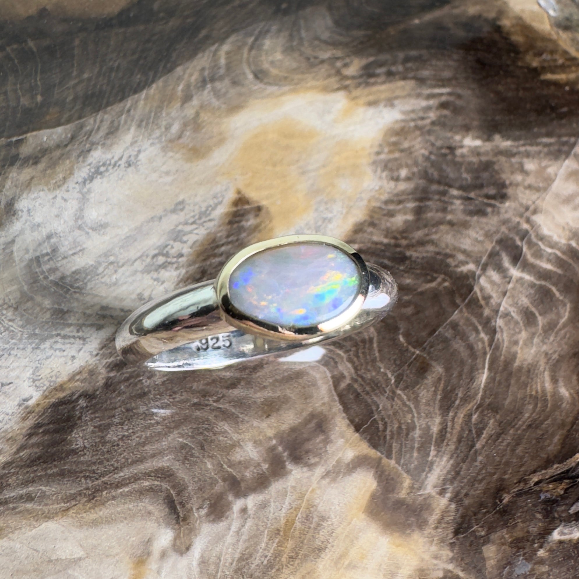 Yalgoo Horizon - 0.7ct Solid Lightning Ridge Opal Two - Tone 9ct Gold & 925 Sterling Silver Ring