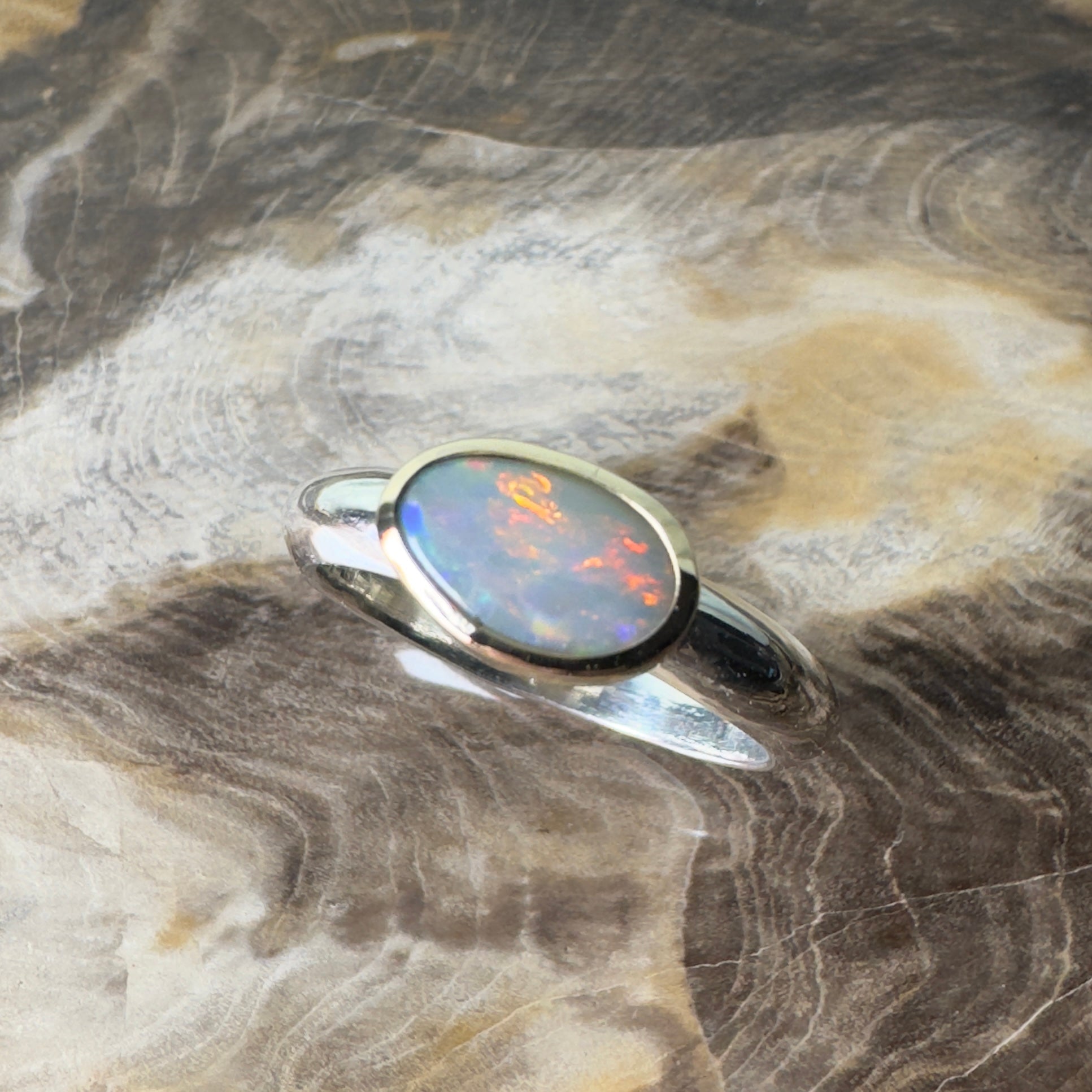 Yalgoo Horizon - 0.7ct Solid Lightning Ridge Opal Two - Tone 9ct Gold & 925 Sterling Silver Ring