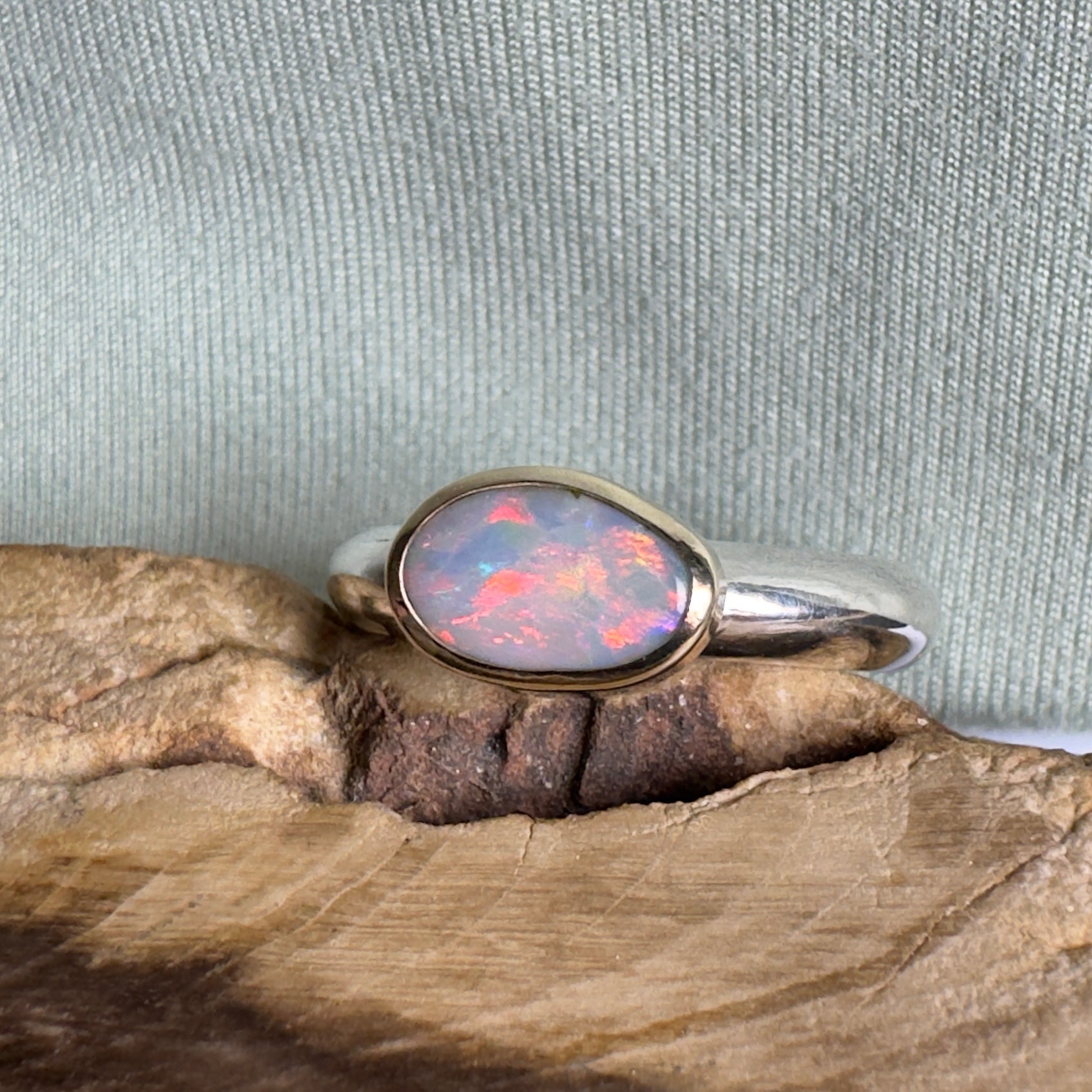 Yalgoo Horizon - 0.7ct Solid Lightning Ridge Opal Two - Tone 9ct Gold & 925 Sterling Silver Ring