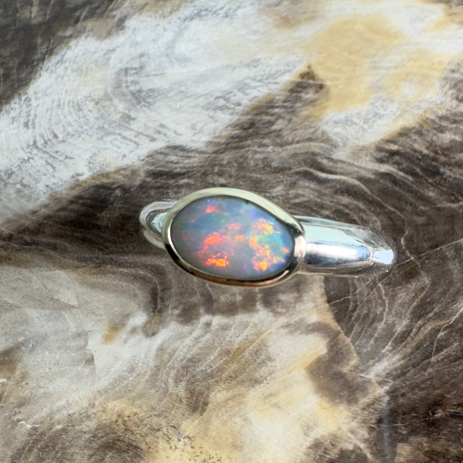 Yalgoo Horizon - 0.7ct Solid Lightning Ridge Opal Two - Tone 9ct Gold & 925 Sterling Silver Ring