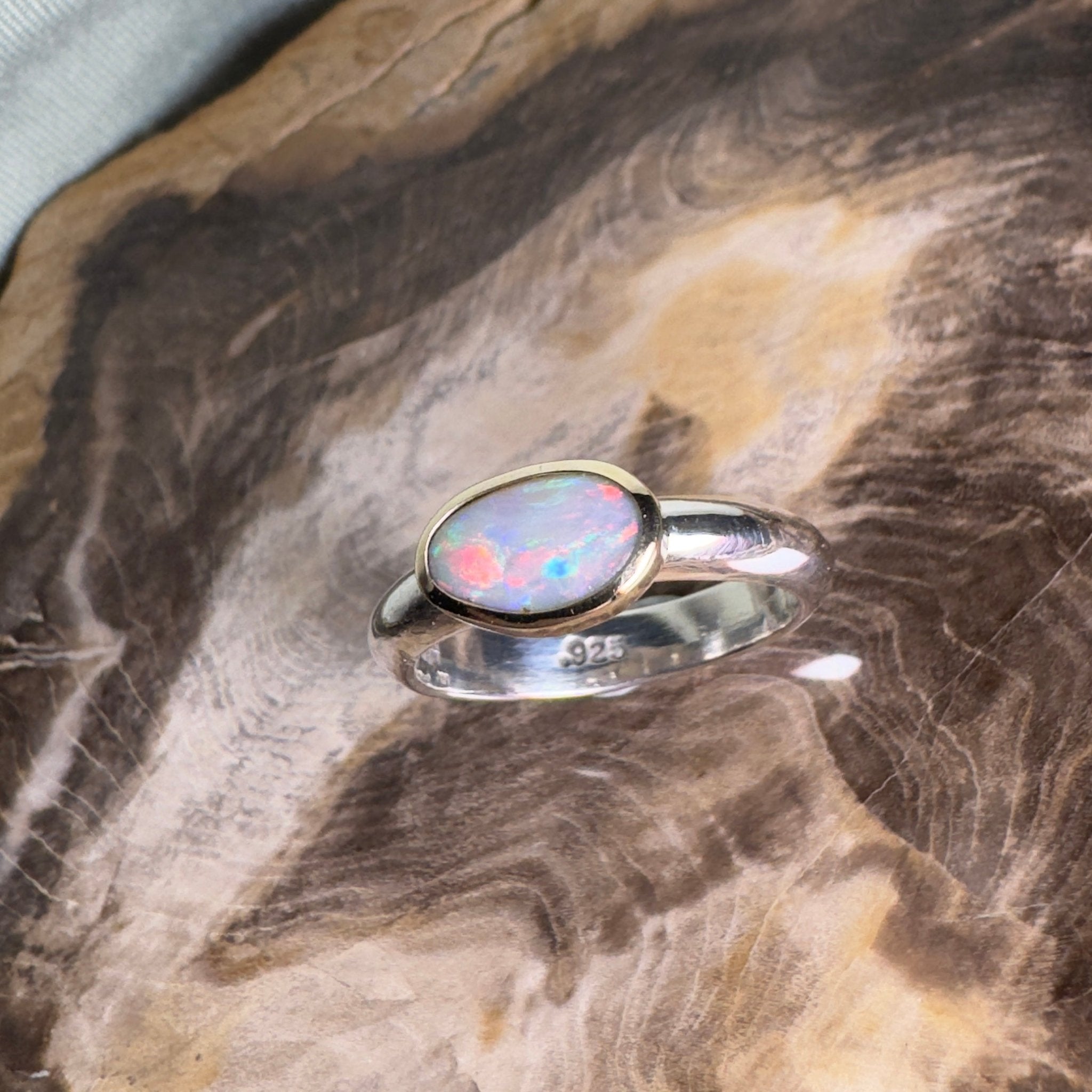 Yalgoo Horizon - 0.7ct Solid Lightning Ridge Opal Two - Tone 9ct Gold & 925 Sterling Silver Ring