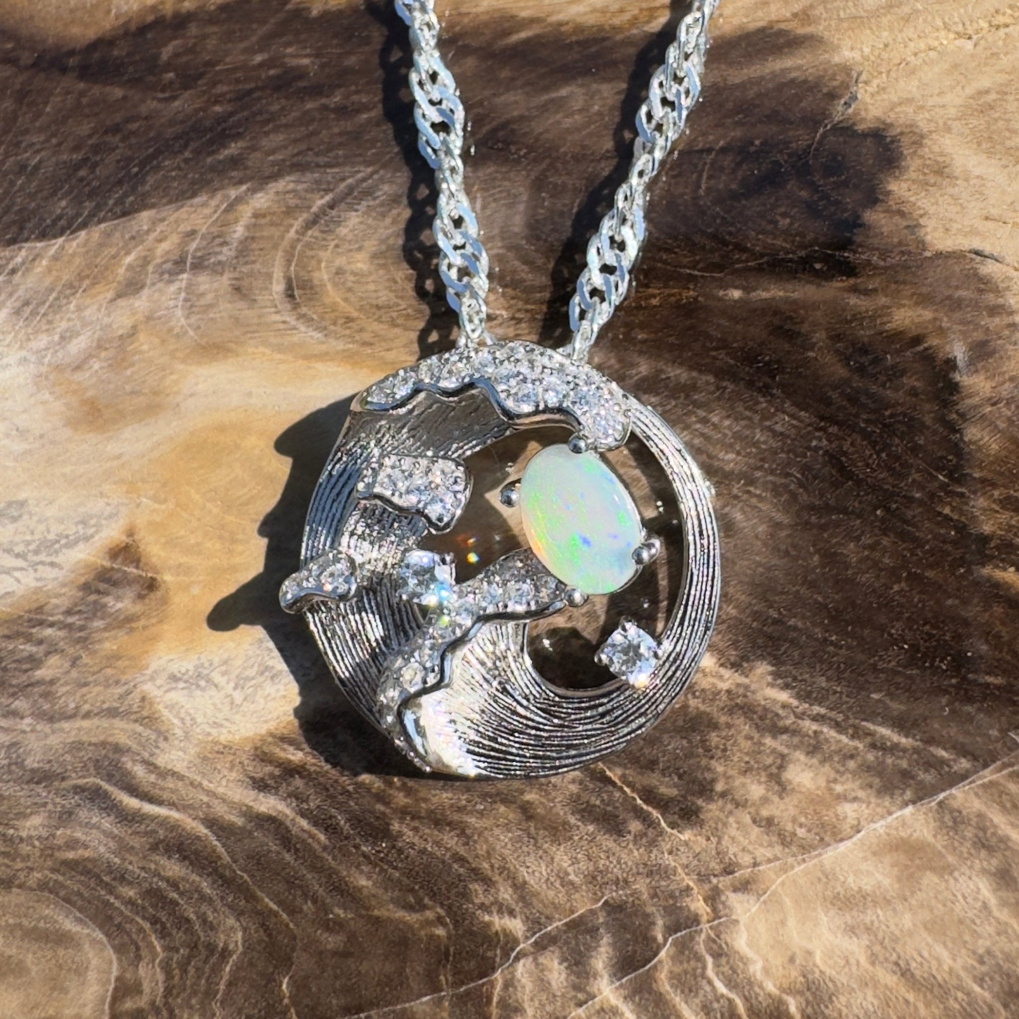 Yallingup Crest ~ 0.3ct Lightning Ridge Opal 925 Silver Wave Pendant