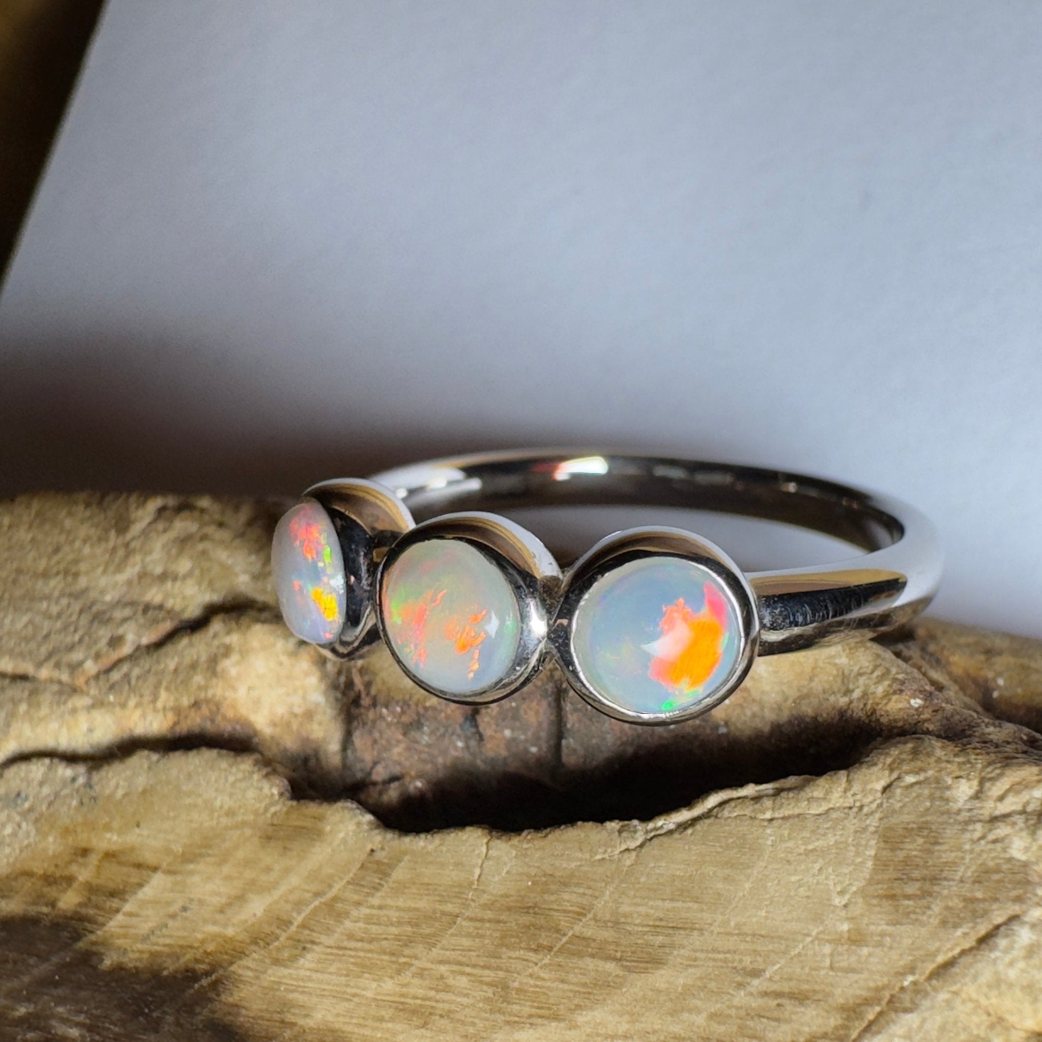 Yarra Valley Fire - 0.9ct Solid Coober Pedy Opal 925 Silver Trio Ring