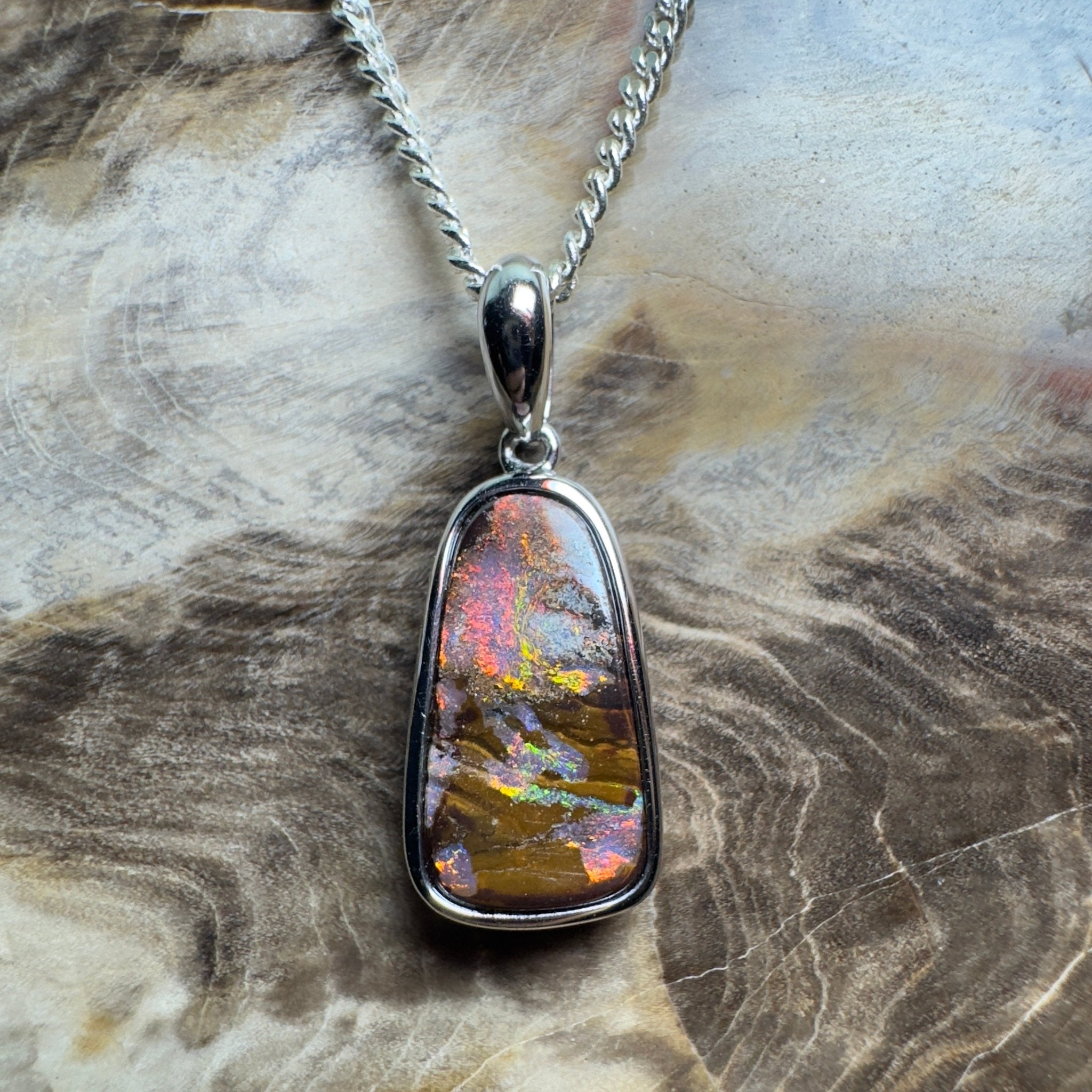 Yilgarn Core ~ Queensland Boulder Opal 925 Sterling Silver Pendant Necklace