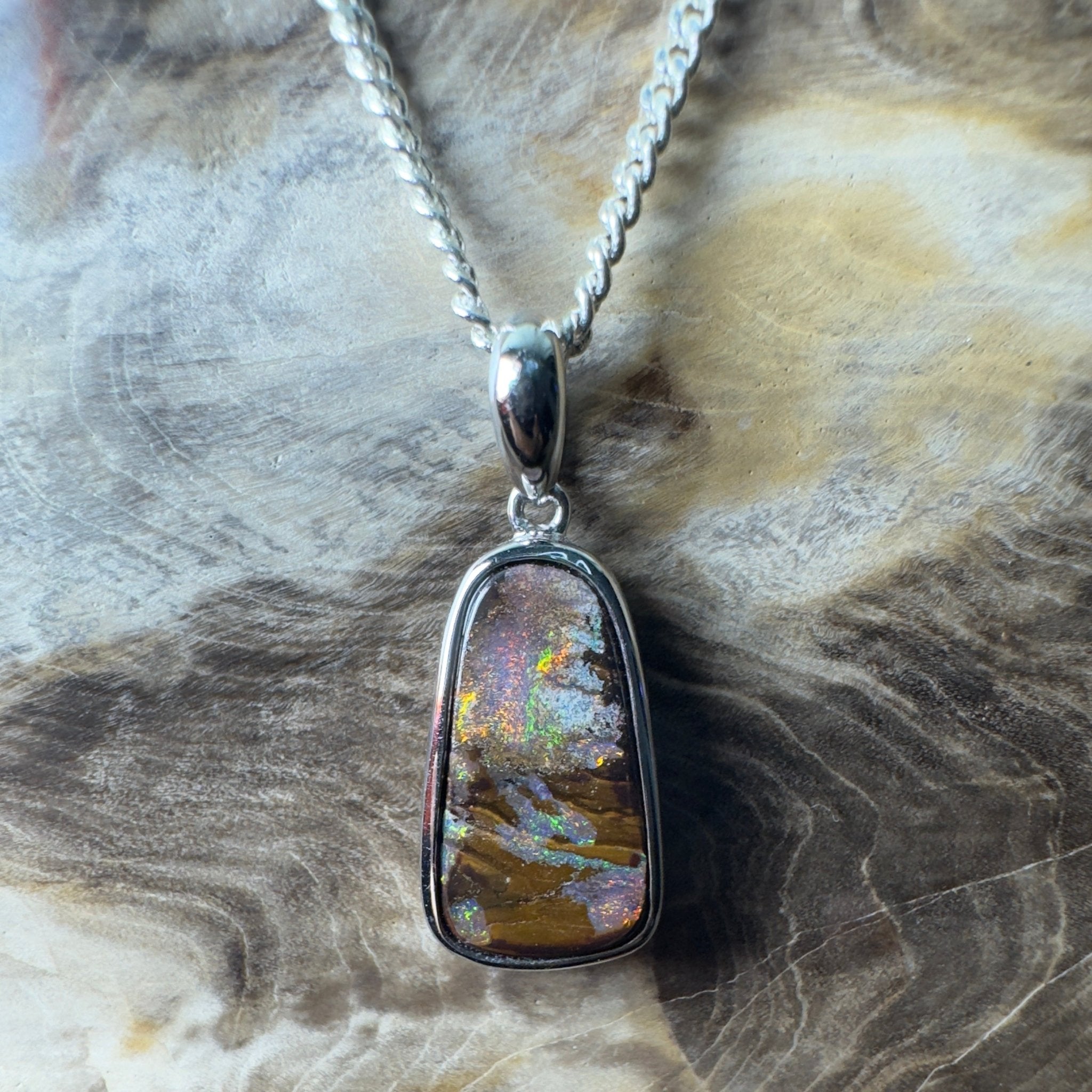Yilgarn Core ~ Queensland Boulder Opal 925 Sterling Silver Pendant Necklace