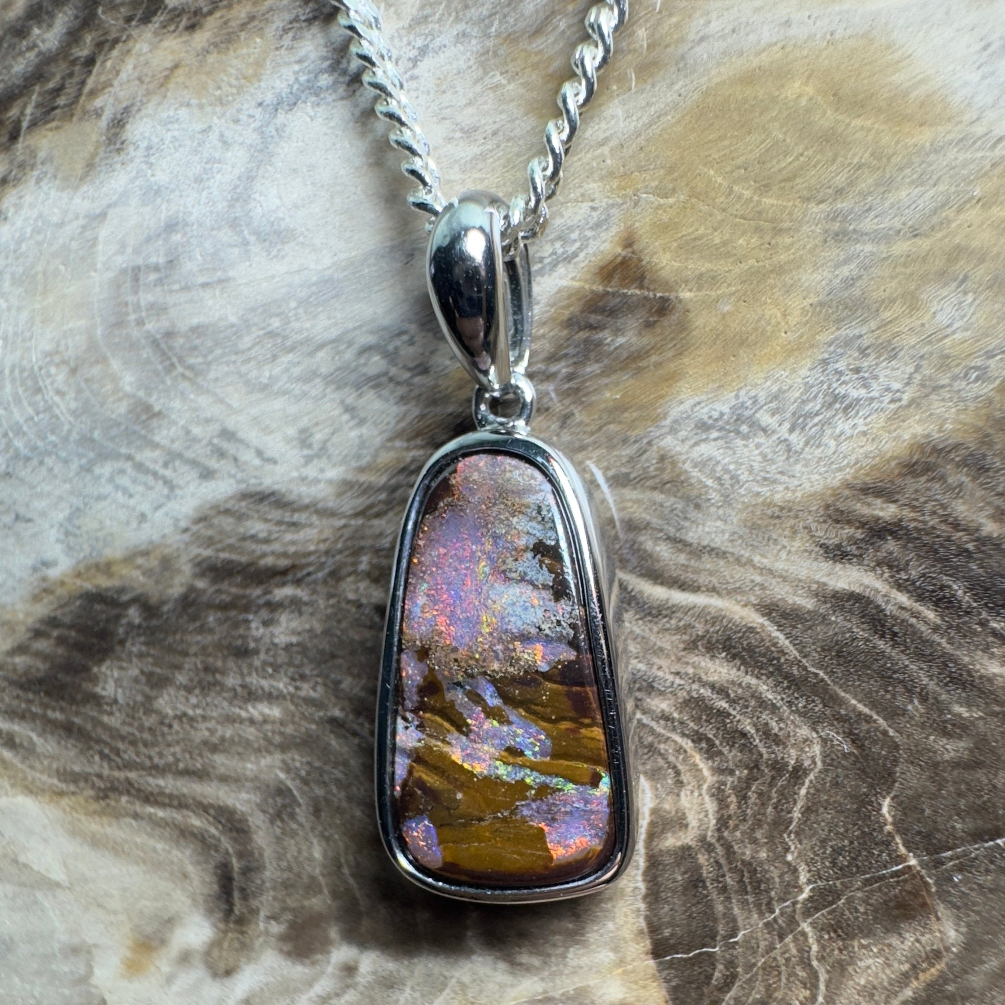 Yilgarn Core ~ Queensland Boulder Opal 925 Sterling Silver Pendant Necklace