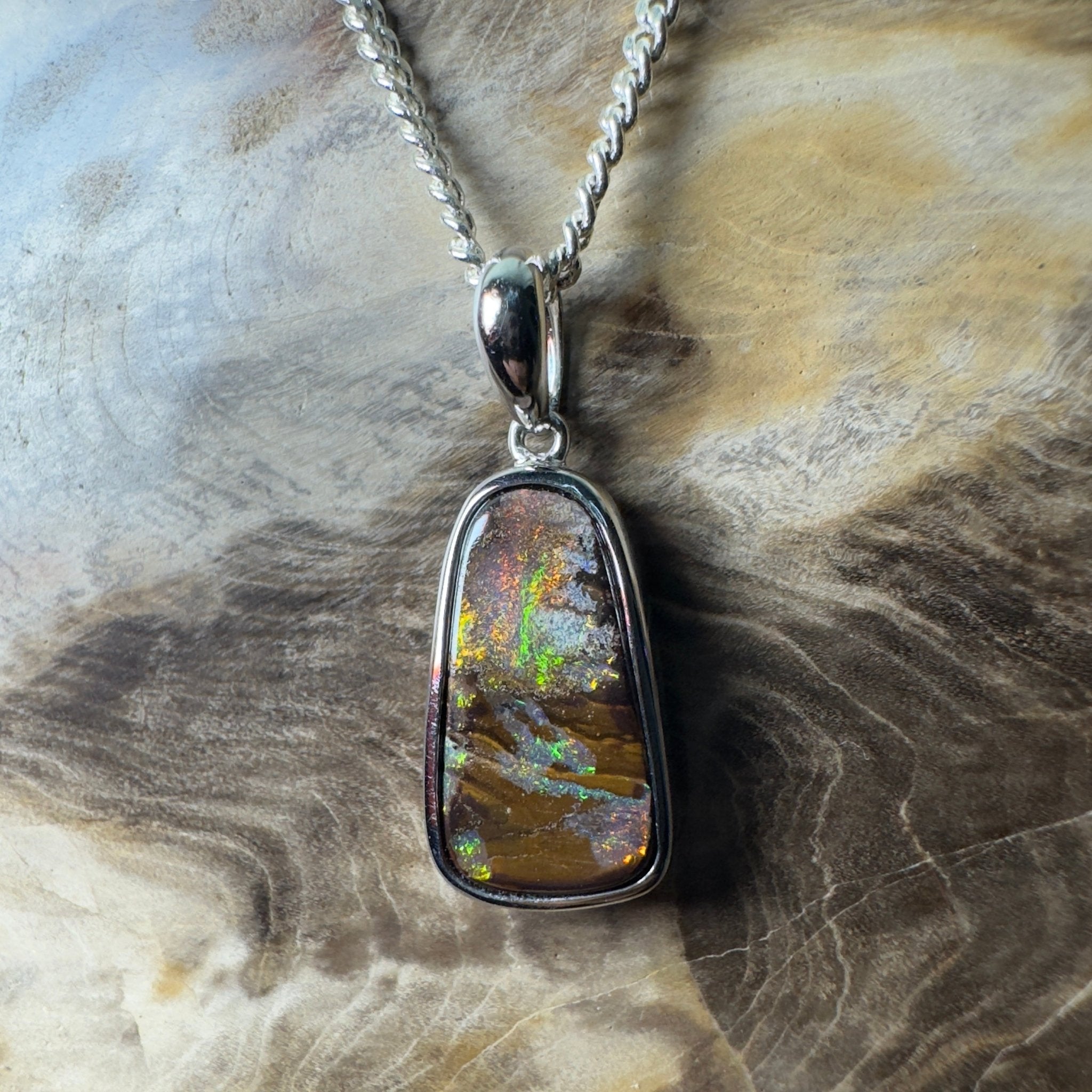 Yilgarn Core ~ Queensland Boulder Opal 925 Sterling Silver Pendant Necklace