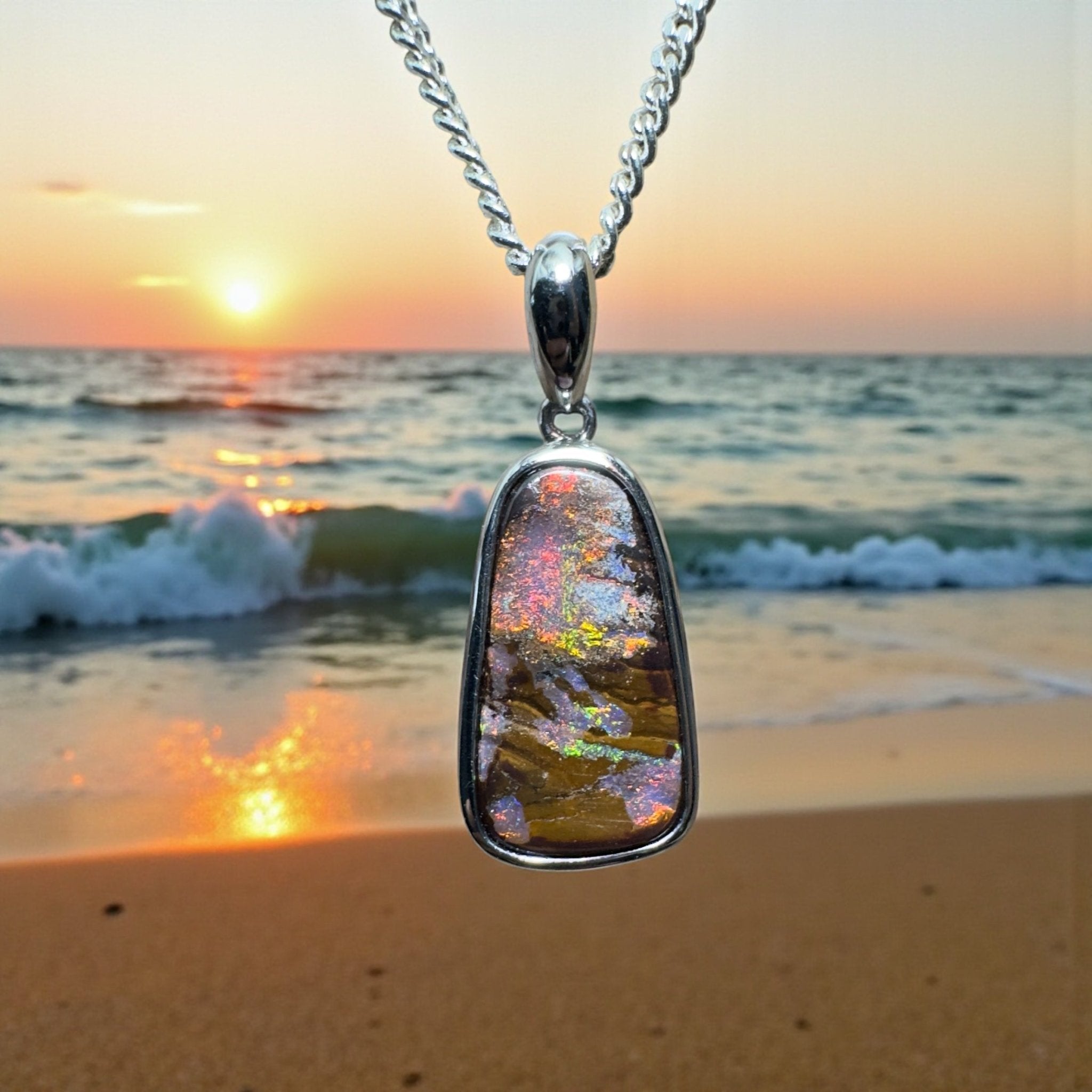 Yilgarn Core ~ Queensland Boulder Opal 925 Sterling Silver Pendant Necklace
